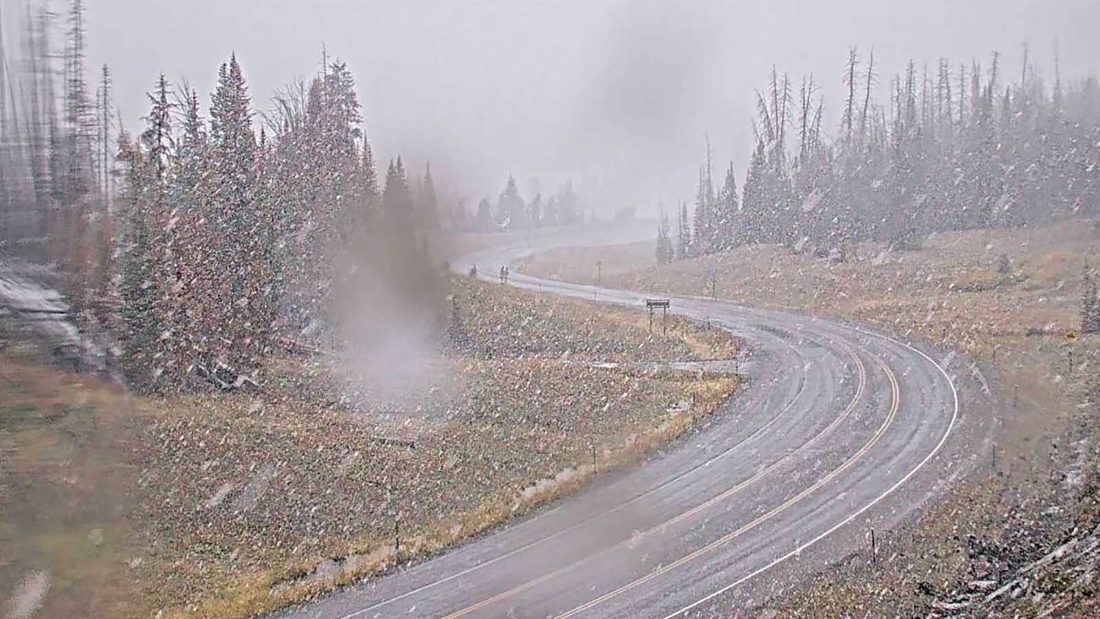 Snow falling on Togwotee Pass on Monday morning, Sept. 15, 2025.