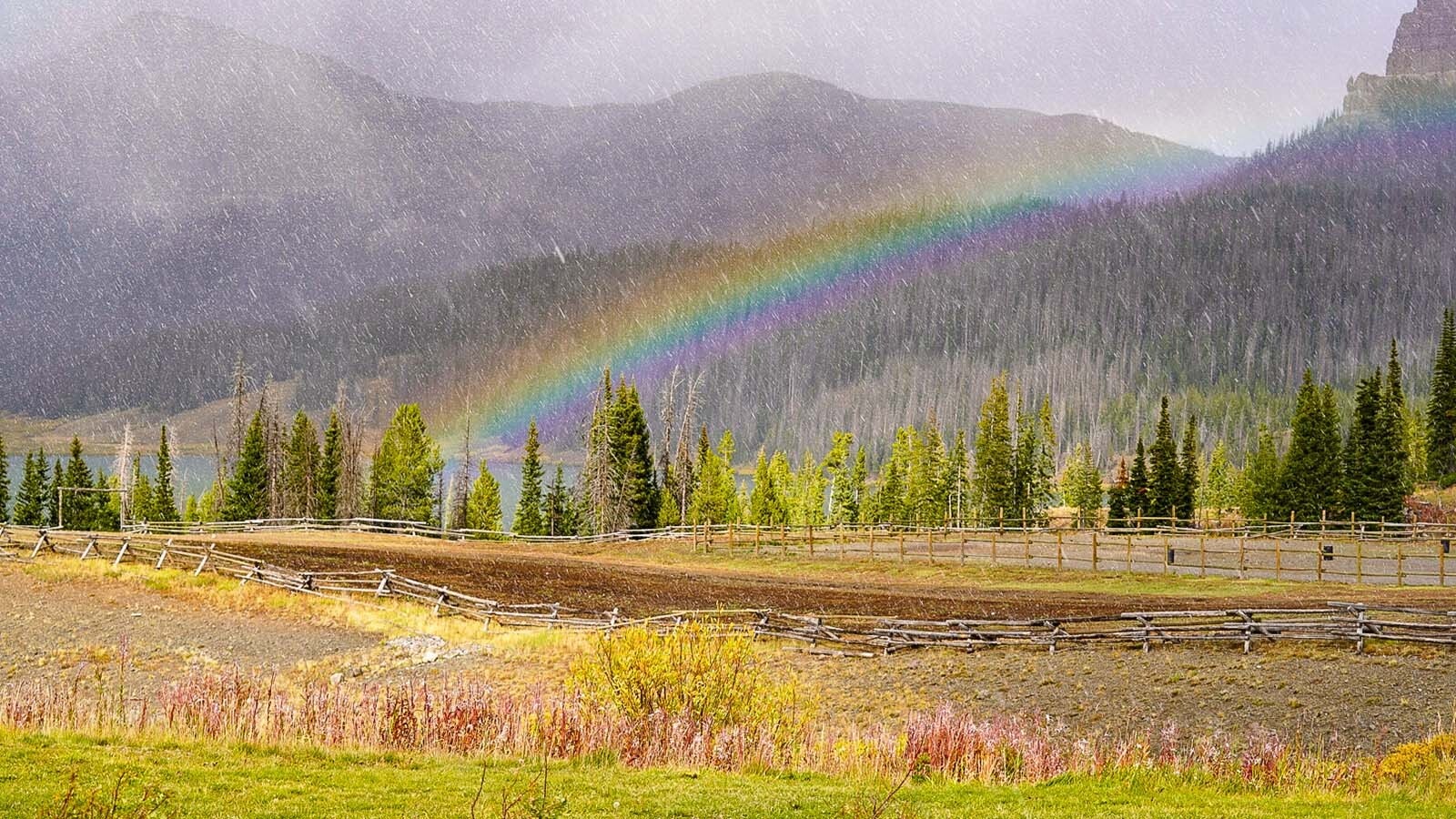 A brilliantly colored snowbow appeared during a Monday evening snowstorm at the Brooks Lake Lodge in Wyoming's Wind River Mountains. Snowbows are the same phenomenon as rainbows, but they're much rarer and harder to see and photograph.