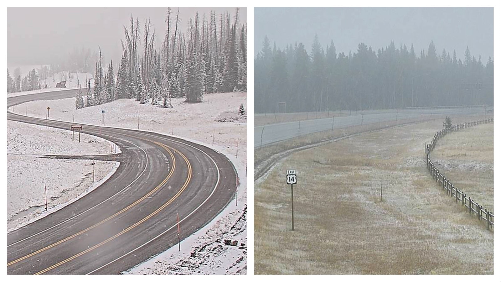 The much-anticipated snow forecast to fall on northern Wyoming and a pair of large wildfires burnig there arriveed early Thursday mornong. Left, Highway 26 in the area of the Pack Trail Fire. Right, Highway 14 near Burgess Juncion on the southwest side of the Elk Fire.