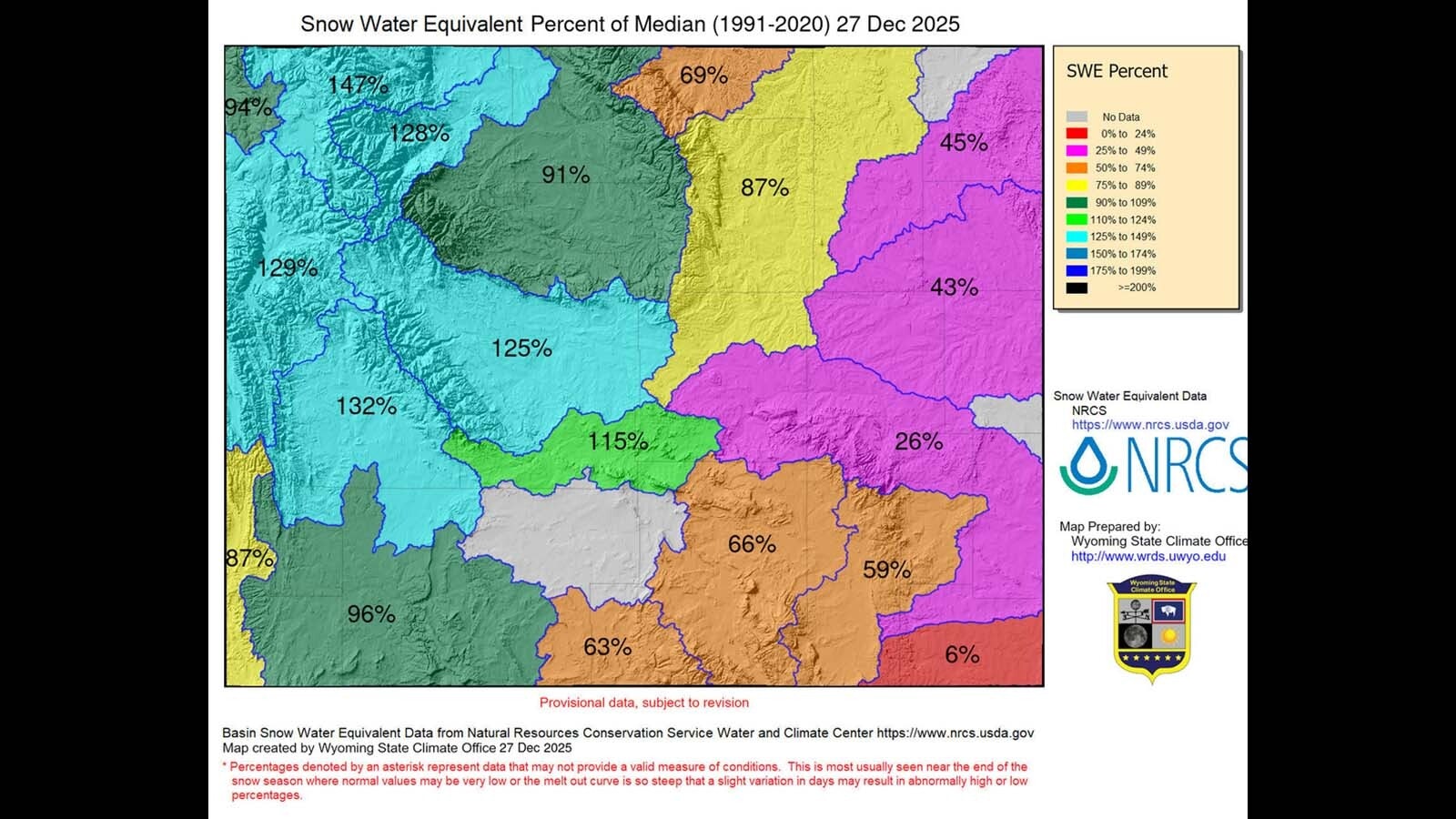 The water content in Wyoming snowpacks as of Saturday, Dec. 27, 2025.