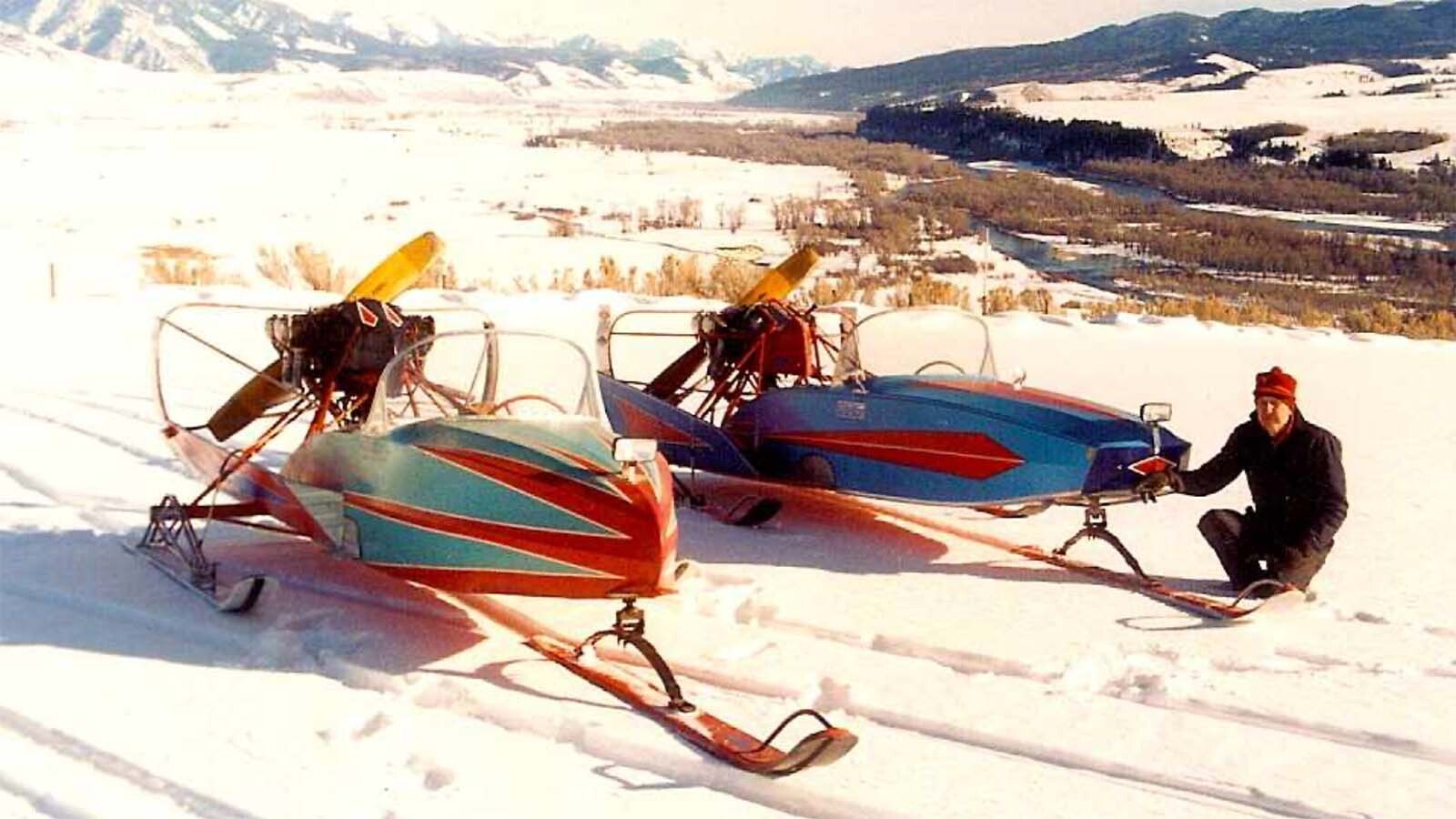 H.L. Wiese poses with one of his snowplanes in Swan Valley when he was 87 years old.