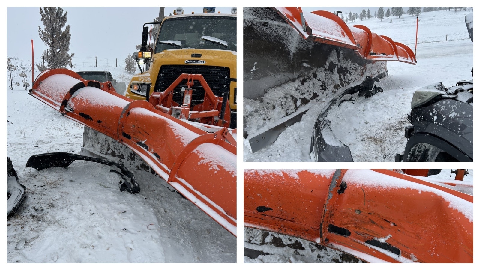 The $26,000 blade of this WYDOT snowplow was totaled when a driver plowed into it Jan. 3, 2025.