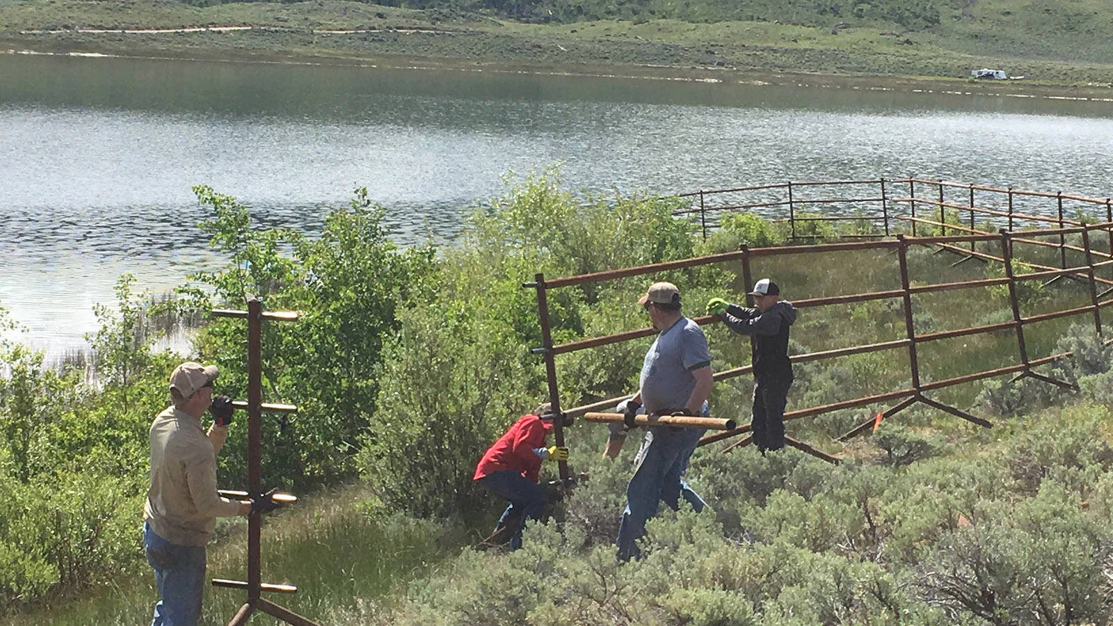 Installation of a steeljack fence at the Soda Lake wetlands near Pinedale, Wyoming.