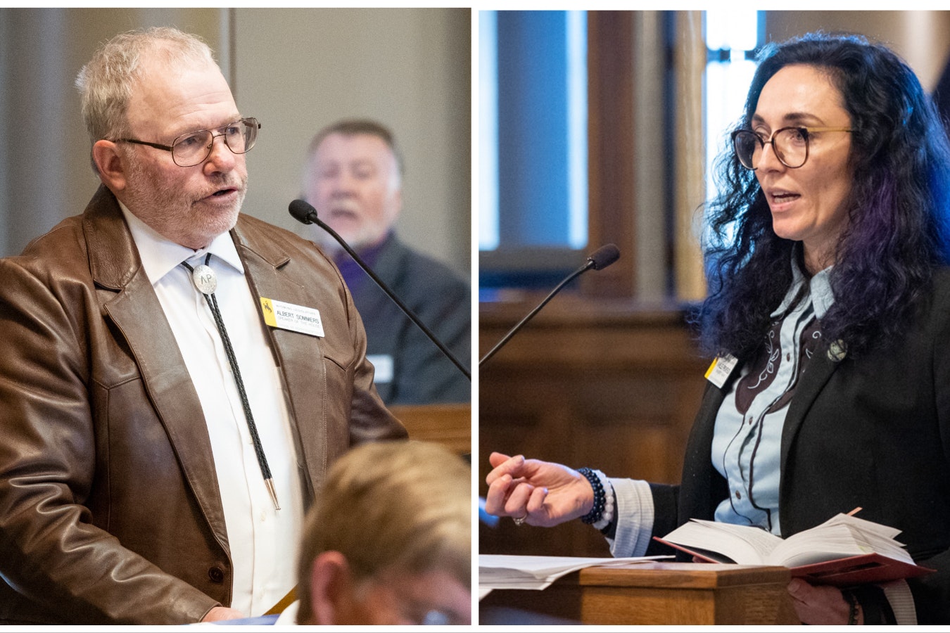 Wyoming House Speaker Albert Sommers and Rep. Karlee Provenza during the 2023 legislative session in Cheyenne.