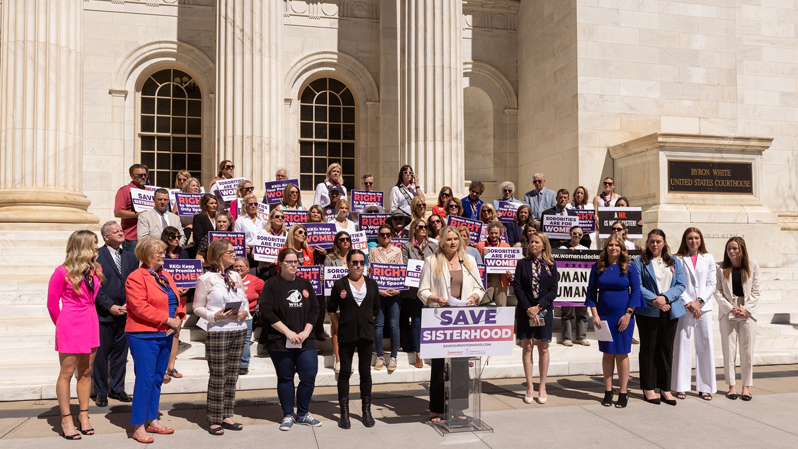 Allie Cohan, one of six University of Wyoming Kappa Kappa Gamma chapter members, speaks on the steps of the Byron White U.S. Courthouse in downtown Denver on Tuesday, May 14, 2024.