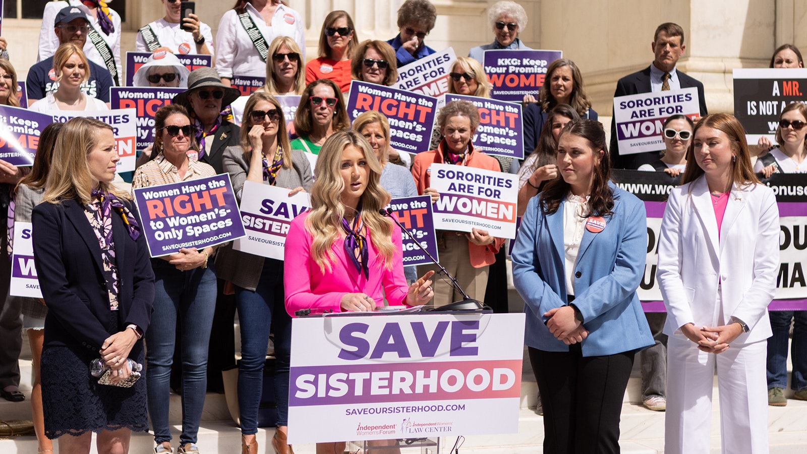 Riley Gainesa supports six University of Wyoming sorority sisters in their lawsuit challenging the Kappa Kappa Gamma organization for allowing a transgender woman in the UW chapter on the steps of the Byron White U.S. Courthouse in downtown Denver on Tuesday, May 14, 2024..