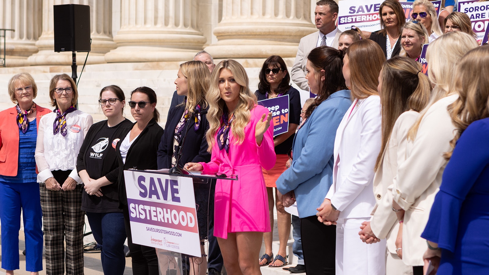 Riley Gainesa supports six University of Wyoming sorority sisters in their lawsuit challenging the Kappa Kappa Gamma organization for allowing a transgender woman in the UW chapter on the steps of the Byron White U.S. Courthouse in downtown Denver on Tuesday, May 14, 2024..