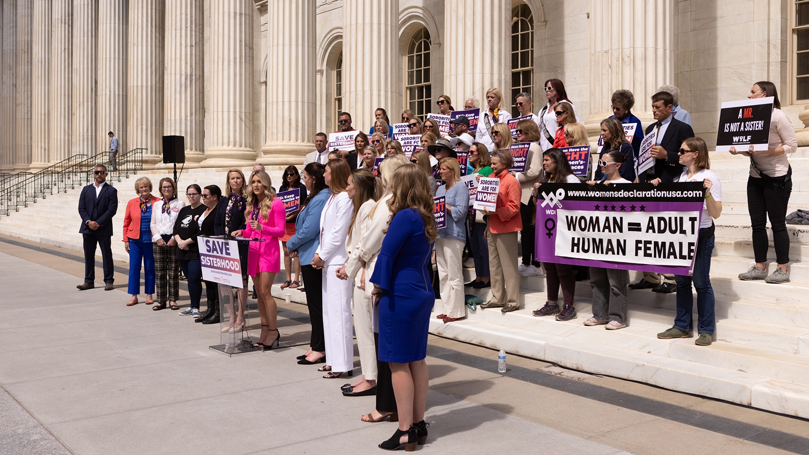 Riley Gainesa supports six University of Wyoming sorority sisters in their lawsuit challenging the Kappa Kappa Gamma organization for allowing a transgender woman in the UW chapter on the steps of the Byron White U.S. Courthouse in downtown Denver on Tuesday, May 14, 2024..