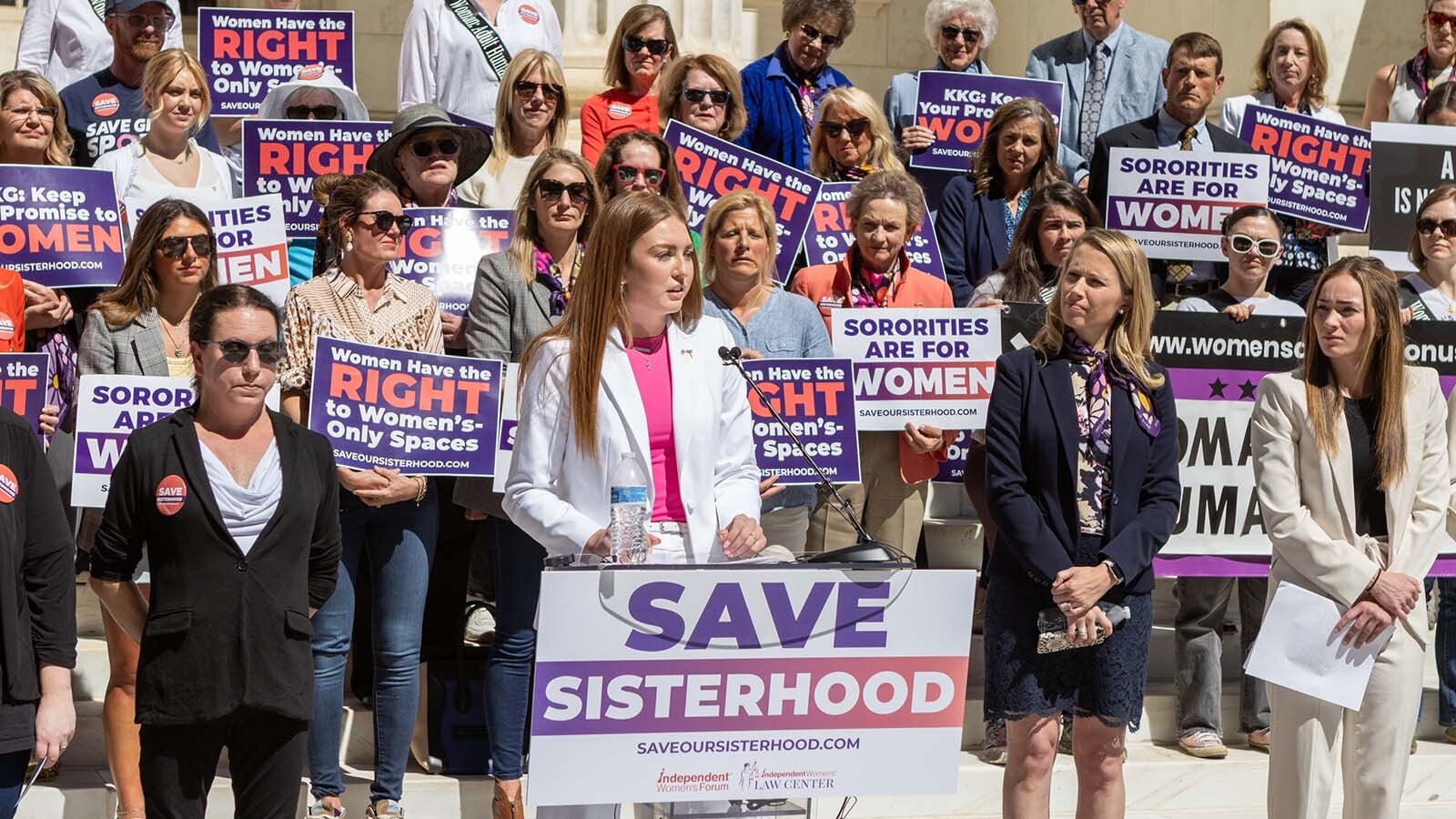 Hanna Holtmeier, one of six University of Wyoming Kappa Kappa Gamma chapter members who sued over a transgender member's induction, speaks on the steps of the Byron White U.S. Courthouse in downtown Denver on Tuesday, May 14, 2024.