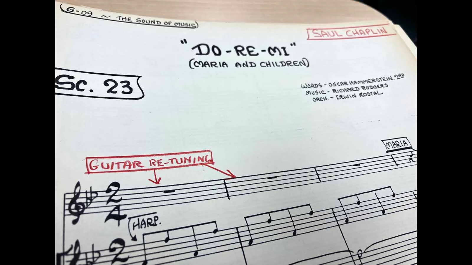 Saul Chaplin’s conductor score for the “Do-Re-Mi” song includes a note for “guitar re-tuning.”