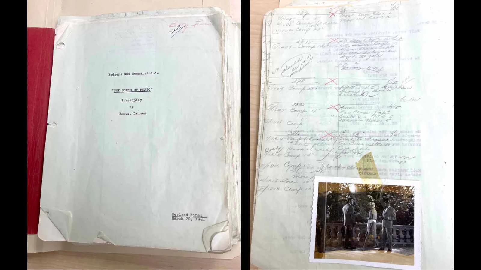 The title page to Saul Chaplin’s “Sound of Music” script, left. Right, Chaplin’s notes on the back of a script page along with a shot from the movie.