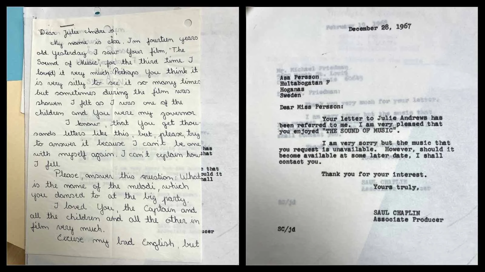 A letter from a fan to Julie Andrews was part of the Saul Chaplin’s file, left, and Chaplion's response.