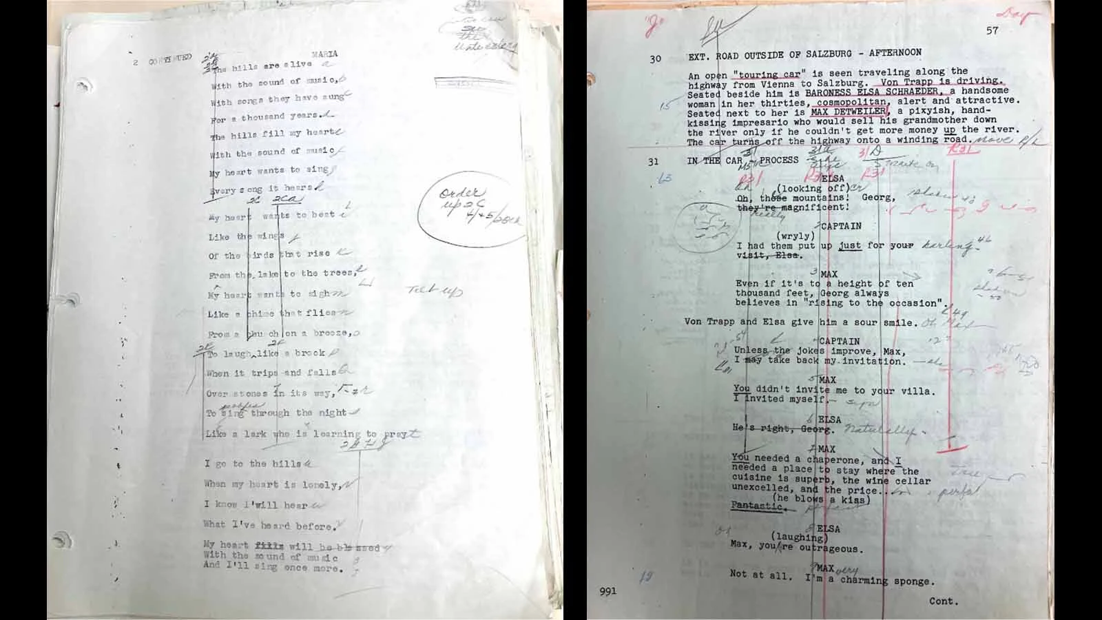 Left, from Saul Chaplin’s personal script for “The Sound of Music.” Right, Chaplin’s script shows changes to the road touring car scene.
