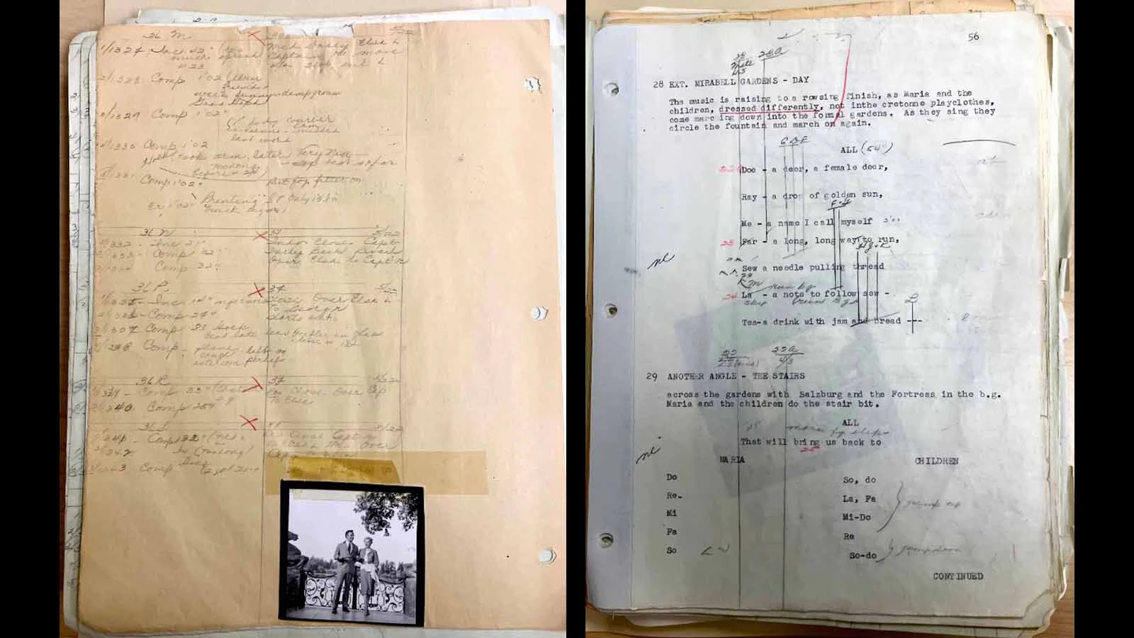 Left, Saul Chaplin notes on a scene in “The Sound of Music.” Right, Chaplin’s script shows his process for ensuring the singing and soundtrack match the shooting of the “Doe a Deer” scene.