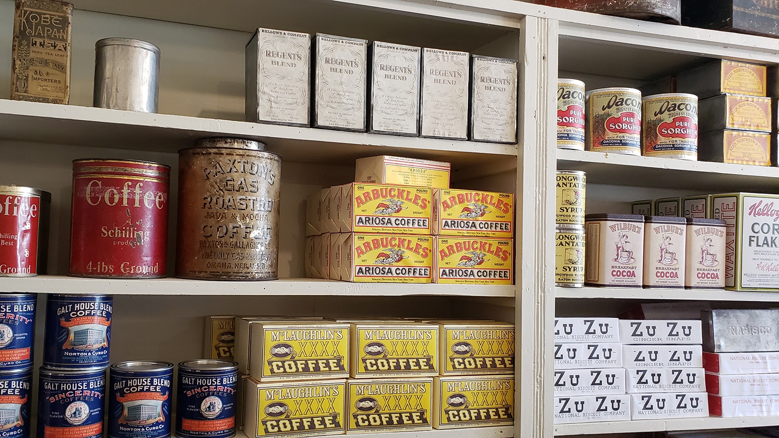 Historians have found labels of the era and reprinted them to wrap around cans and boxes to give the mercantile a correct vintage look.