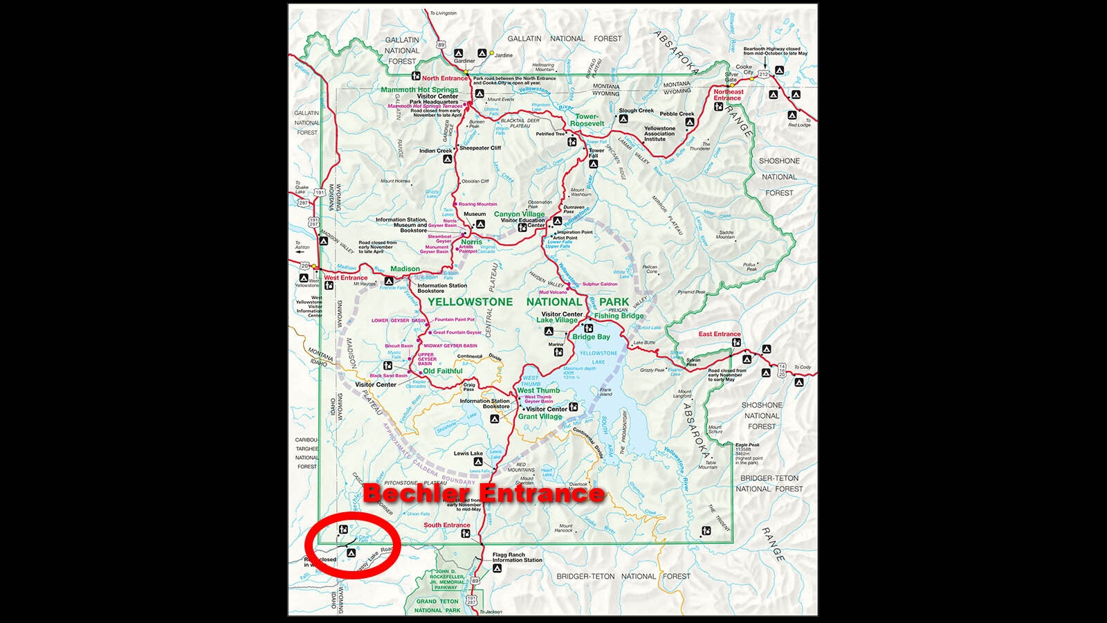 The Southwest Entrance, aka Cascde Corner or the Bechler Entrance, to Yellowstone doesn't show up on a lot of maps, and barely on others.