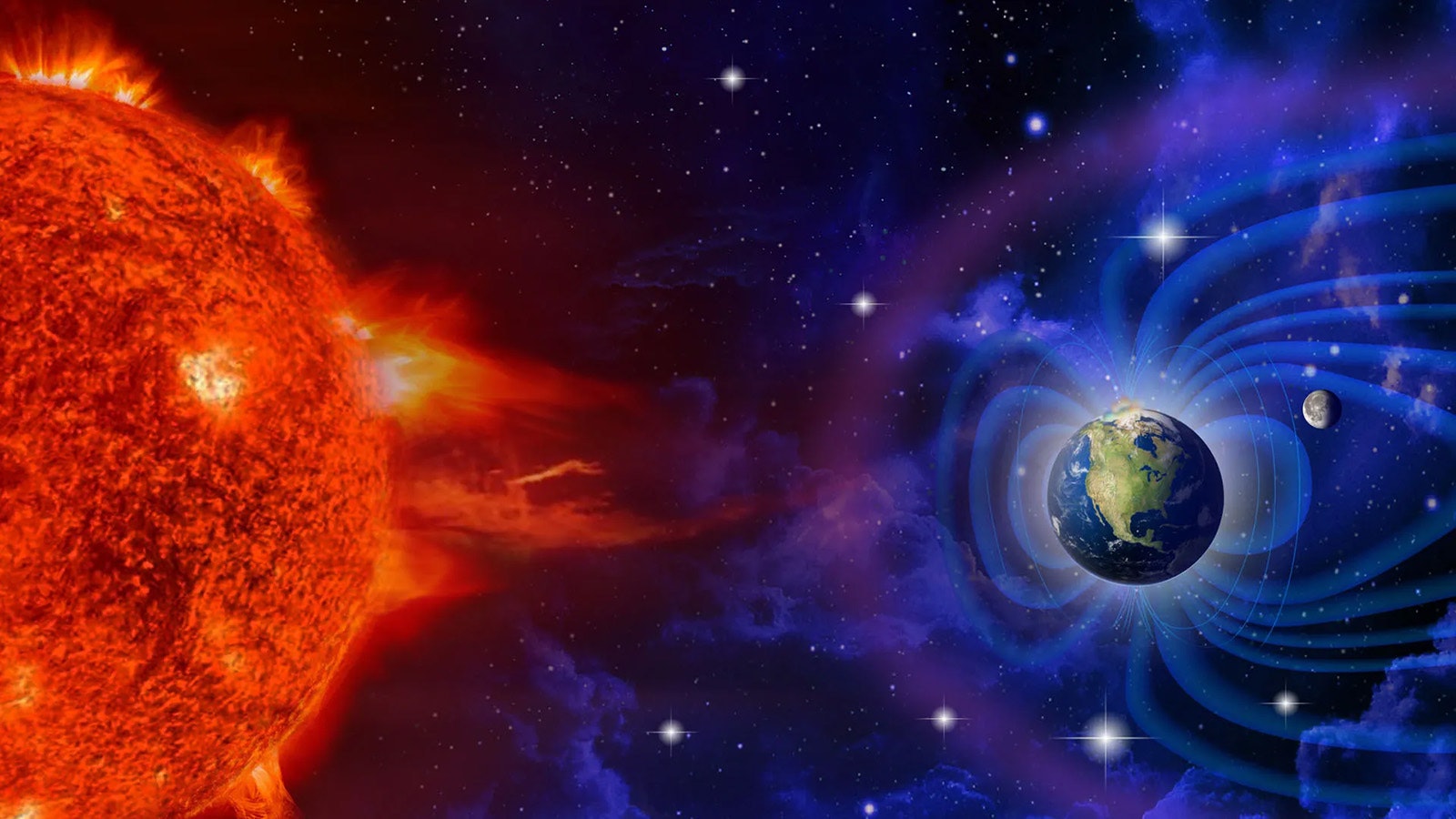 An illustration of the sun interacting with Earth’s magnetosphere.
