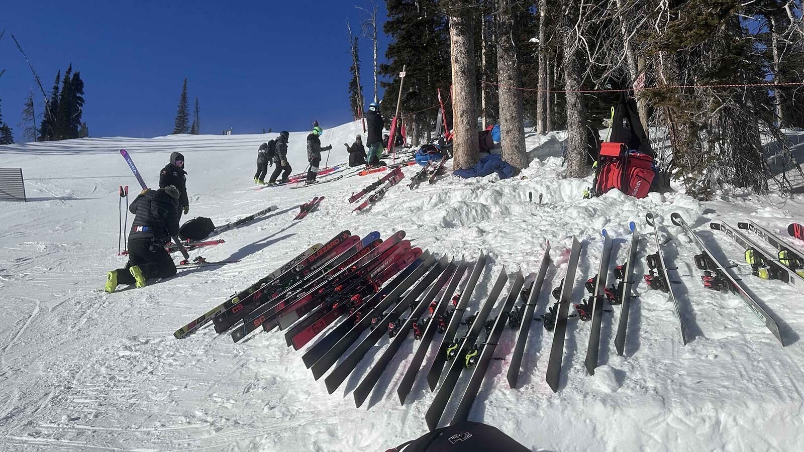 Jackson Hole Ski Club racers Stella Zazzara, No. 120, and Maia Zorkendorfer, No. 4, take on the super-G course during the annual Wes Barron Speed Series.
