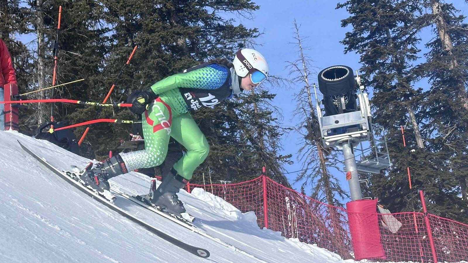 Jackson Hole Ski Club racer Stella Zazzara, No. 120, takes on the super-G course during the annual Wes Barron Speed Series.