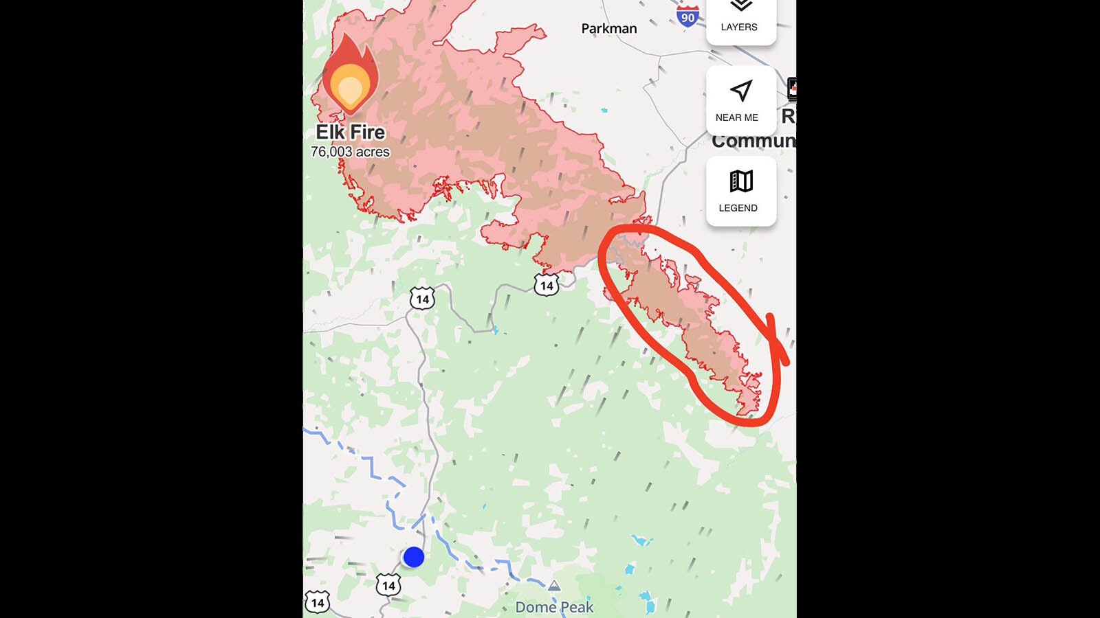 The blue dot in the southwest corner of this map is the Spike Camp, about 12 miles from the southwestern border of the Elk Fire.