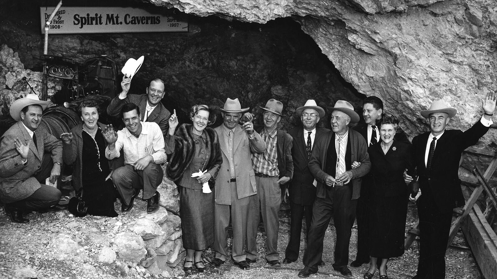 The opening of Spirit Mountain Cavern just west of Cody in 1957. Picutred are, from left, Bill Bragg, Jeanette Miller, Jerri Adams, Dick Frost, Katie and Claud Brown, Hugh Smith, Tom Cowgirl, Ned Frost, Sen. Robert Murphy, and Lorna and Gov. Milward Simpson.