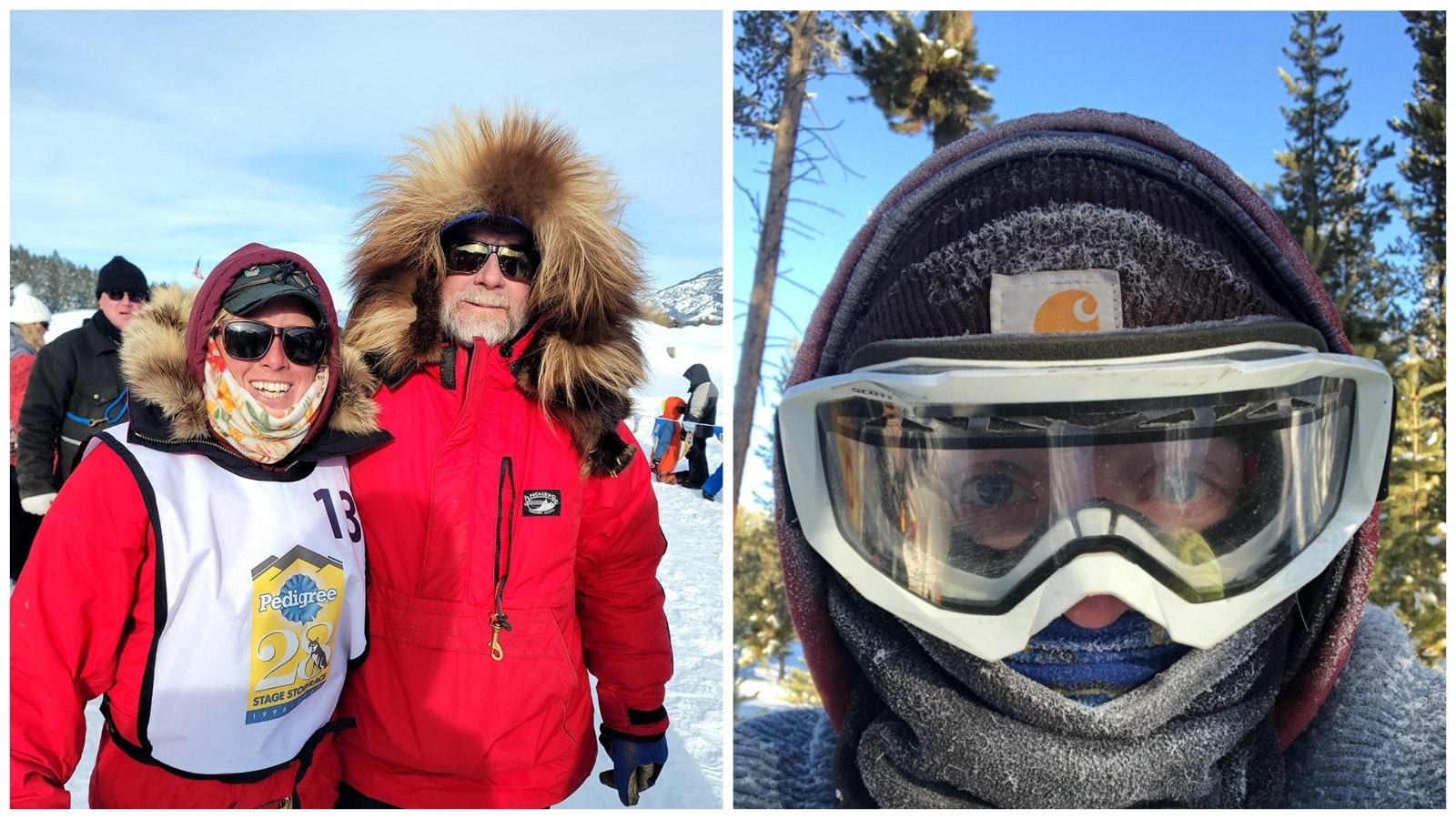At left: Alix Crittenden, left, with race founder and team owner Frank Teasley. Right: Jess Moore masked up in the cold.