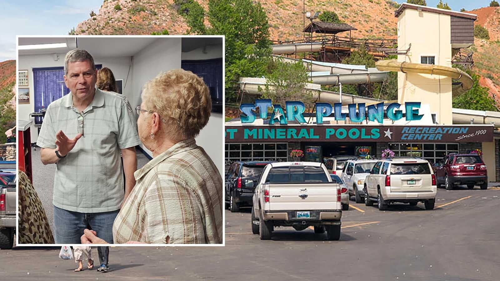 The owner of the company chosen by the state to operate the Star Plunge in Thermopolis — former Alaska U.S. Sen. Mark Begich, left — drew heat from locals Monday as the historic hot springs remains closed. In the meantime, the former operator and state remain embroiled in litigation.