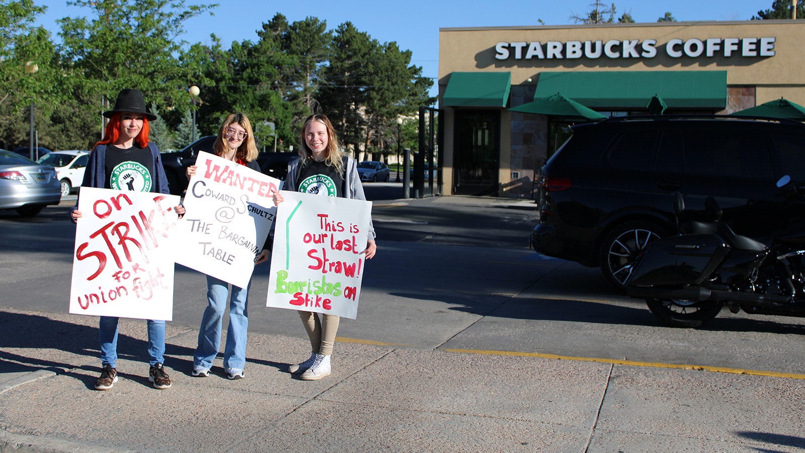 Starbucks employees Madison Oates, from left, Evita Rojas, and Hannah Blaylock were among the striking workers at the downtown Cheyenne store.
