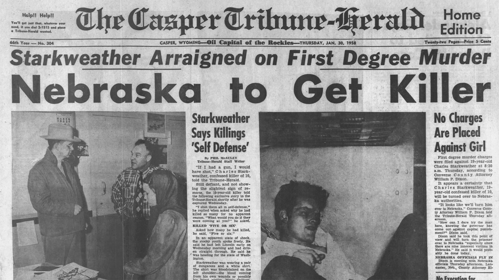 Casper Herald-Tribune on Jan. 30, 1958, reports Starkweather’s capture.