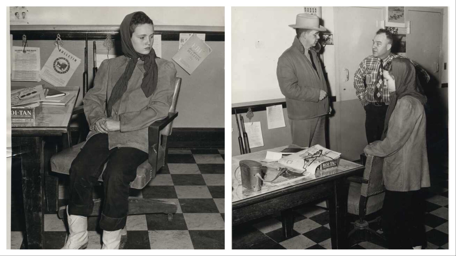 Left, Caril Ann Fugate sits in the Converse County Sheriff’s Office following her surrender to Natrona County Deputy Sheriff Bill Romer. Right, Natrona County Deputy Sheriff Bill Romer turns Caril Fugate over to the custody of Converse County Undersheriff Bill Owens.