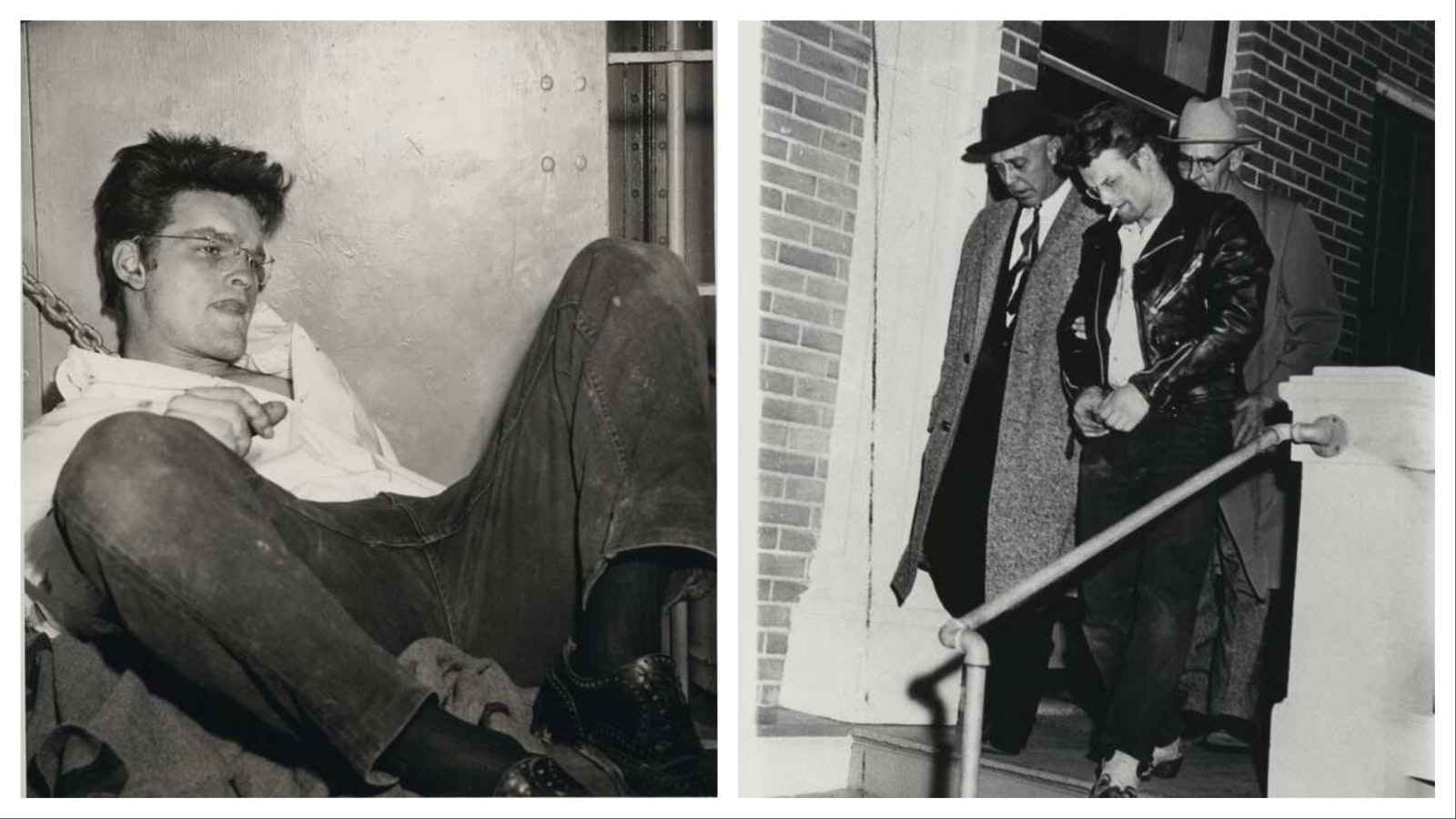 Left: Charles Starkweather in his Converse County jail cell in Douglas shortly after his capture. Right, Charles Starkweather is led from the Converse County jail in Douglas by Sheriff Merle Kanopp of Lancaster County, Nebraska and Captain Harold Smith of the Nebraska State Patrol.