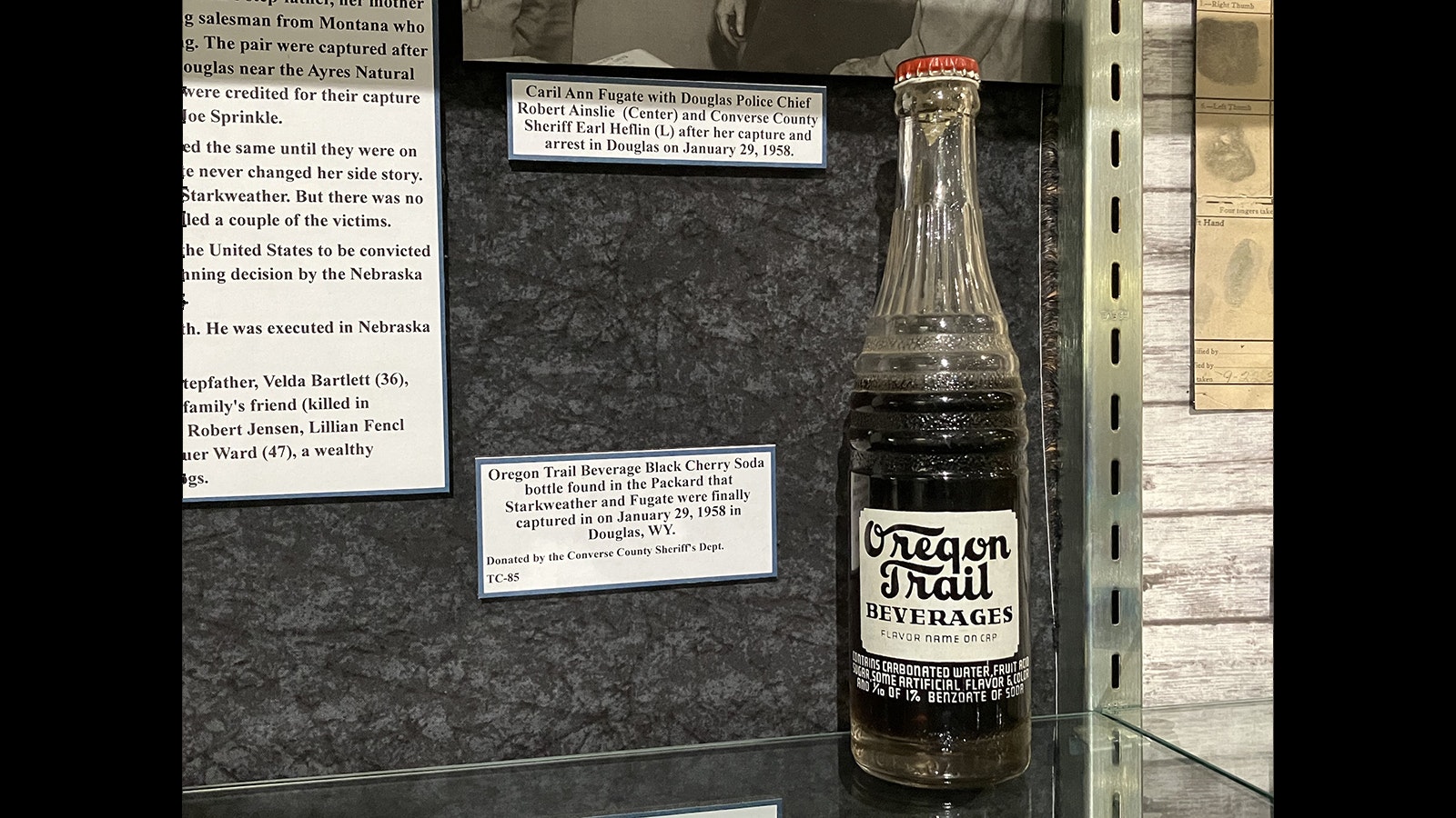 A bottle of black raspberry Oregon Trail soda found in the stolen Packard following the Charlie Starkweather murder spree. The bottle is on display at the Wyoming Pioneer Memorial Museum in Douglas.