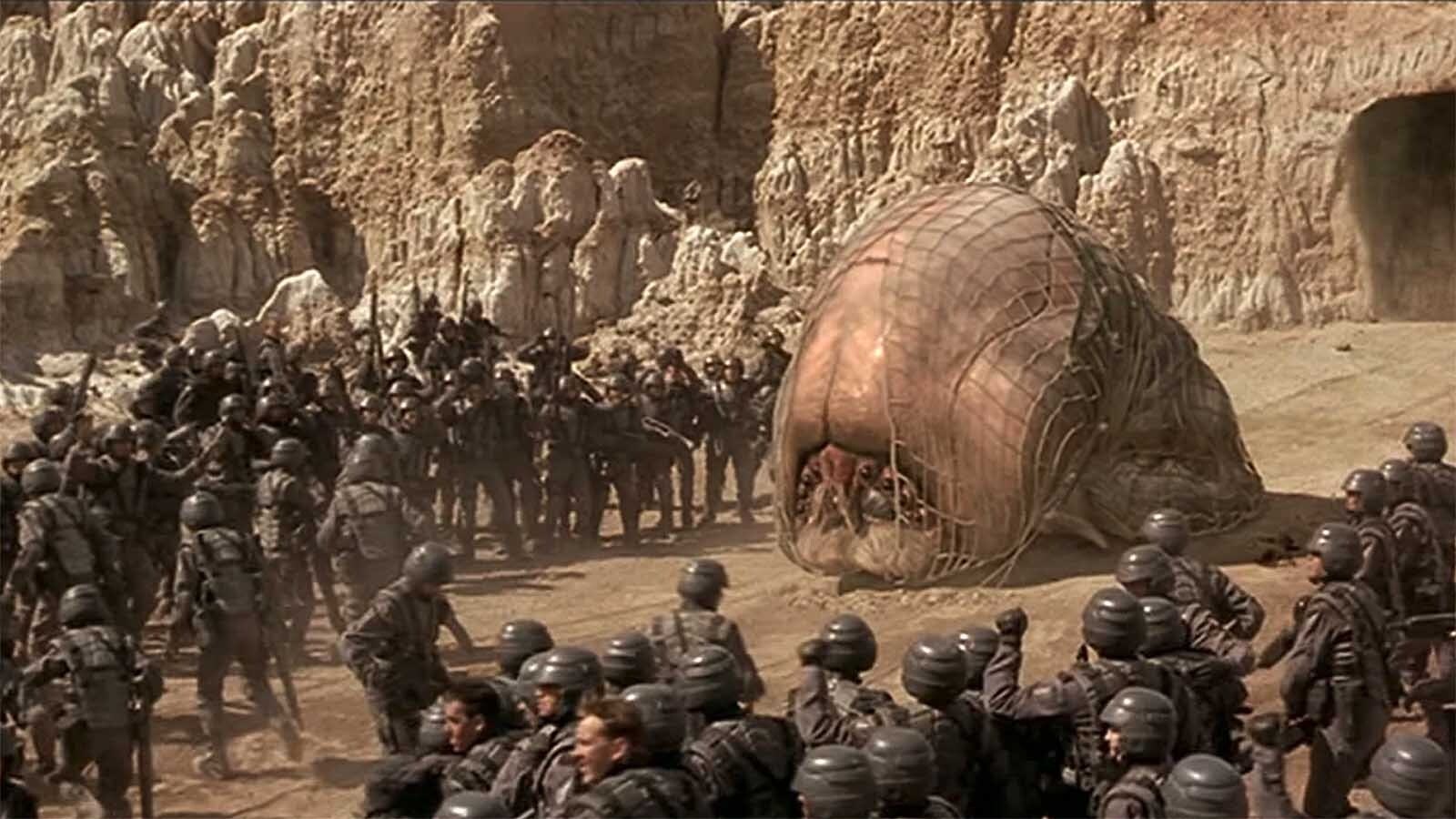 Fighting the "Brain Bug" is one of the popular scenes on location for "Starship Troopers" in Hell's Half Acre.