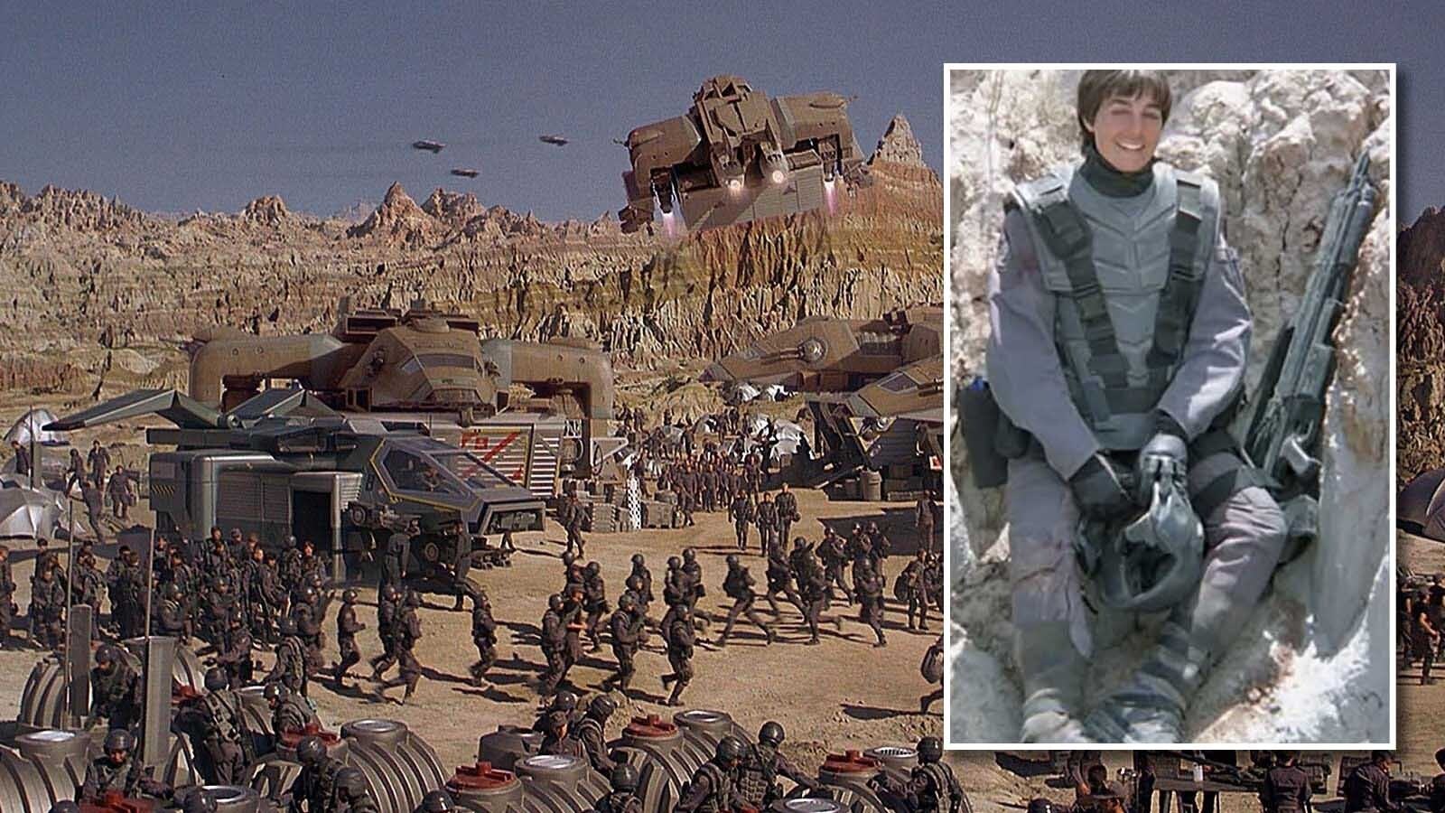 A pair of Wyoming college students were among the 300 extras cast in the sci-fi classic “Starship Troopers” 30 years ago. They recall hot days in Hell’s Half Acre doused with alien blood as dead bodies. “I want more blood!” the director would yell. Here, extra Melissa Parkinson poses for a photo in her suit during the filming.