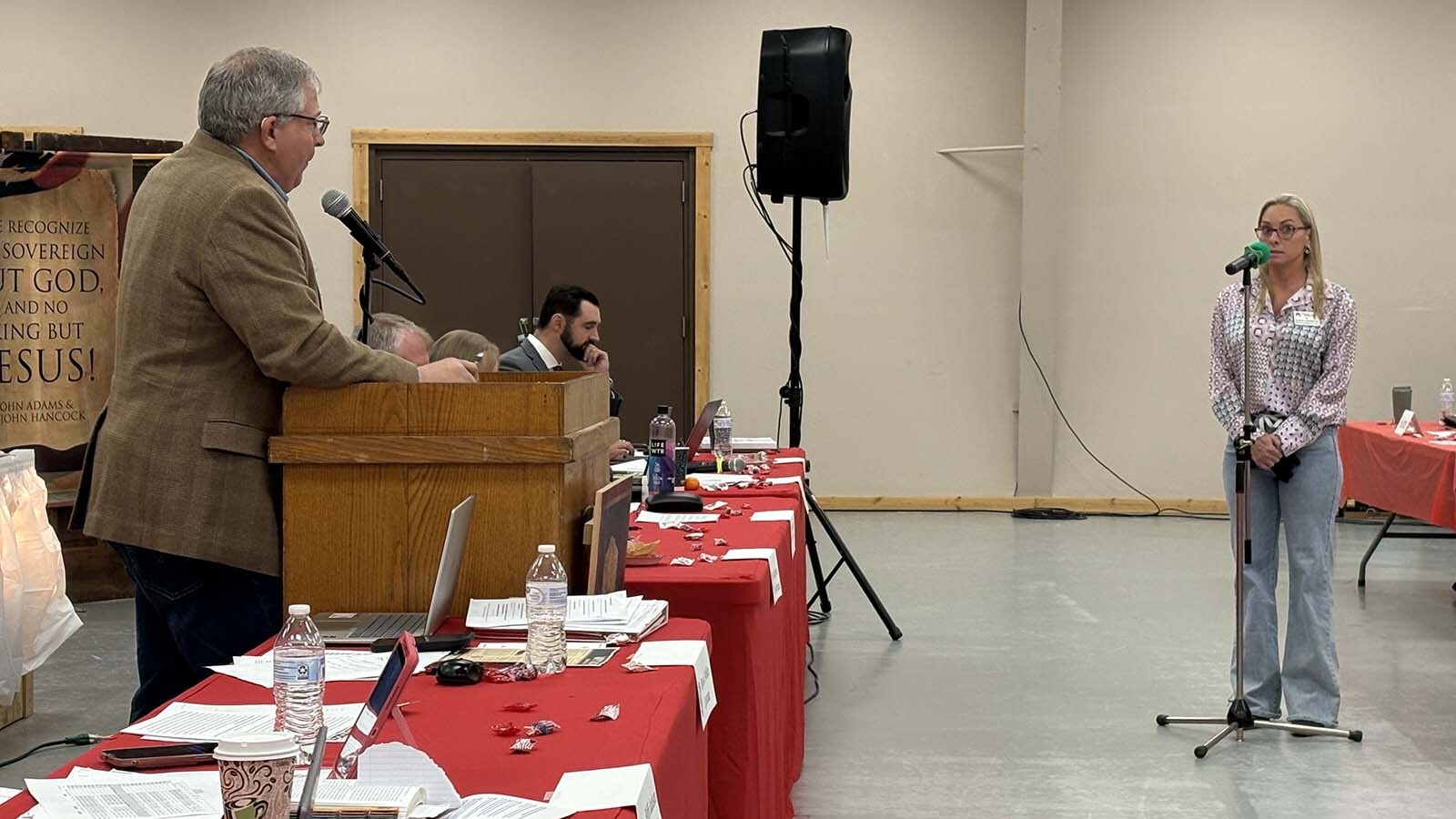 Marcia Neumiller, state committeewoman for the Natrona County Republican Party, sparred with state GOP Chair Bryan Miller over why her party voted 76-24 not to pay the more than $30,000 it owes in state dues.