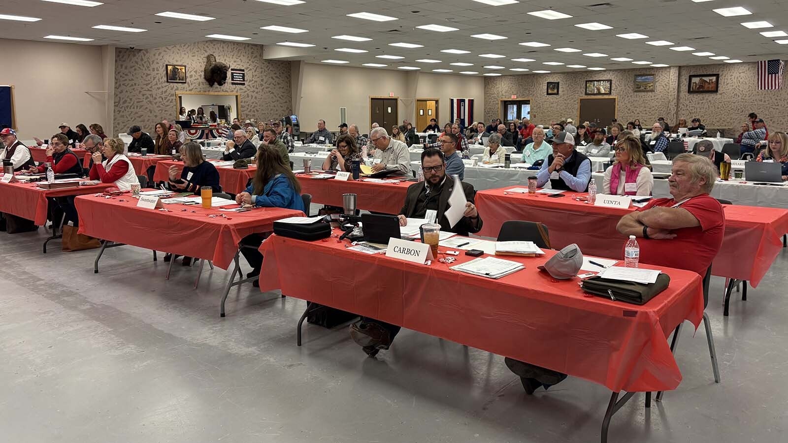 Members of the Wyoming Republican Party meet at a statewide meeting in Torrington on Saturday, Nov. 15, 2025.