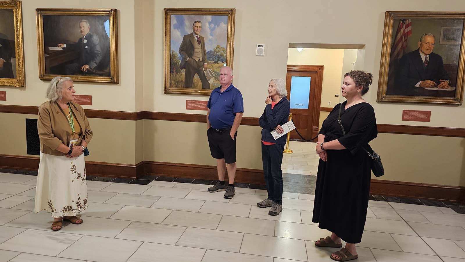 Ellen Thompson leads a tour group through the Wyoming Capitol on July 10, 2025, Statehood Day in celebration of Wyoming's 135th anniversary of statehood.