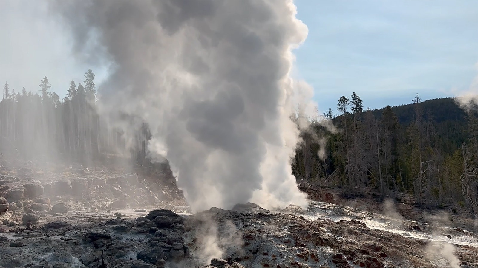 Jill Valley of KPAX news in Missoula, Montana, was at Steamboat Geyeser in Yellowstone National Park to capture video of one of its infrequent eruptions on Oct. 7, 2024.