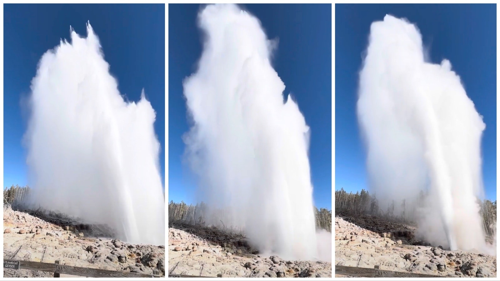 Yellowstone's Steamboat Geyser spews water and steam violently during an Oct. 8, 2023, eruption.