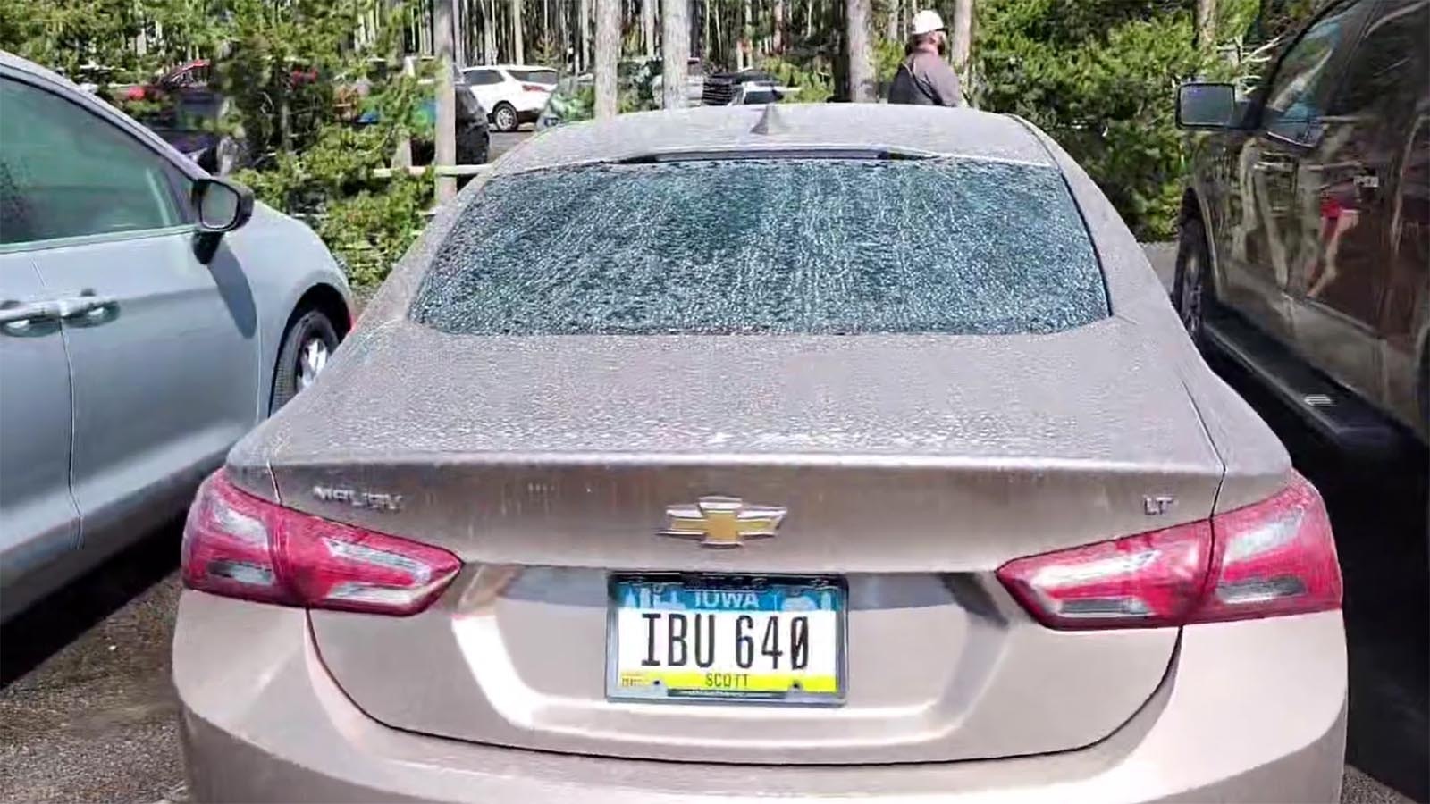 A vehicle covered with dissolved silica in the Noris Geyser Basin parking lot in Yellowstone National Park. The dissolved silica is in the water erupted from the 400-foot Steamboat Geyser and left behind when the water evaporates.