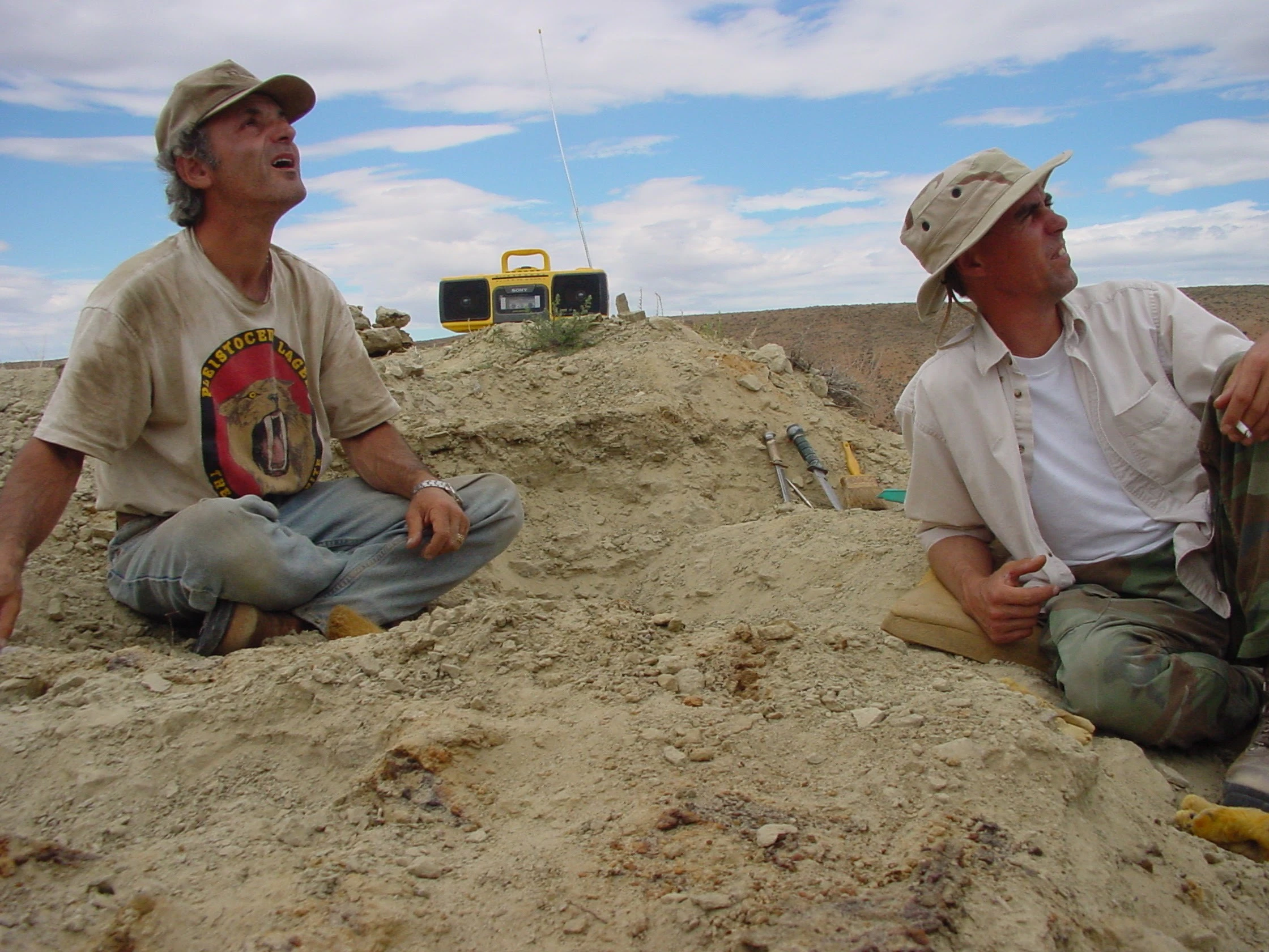 Bob Simon and Don Pfister excavating Sophie the Stegosaurus near Shell. A three-man crew consisting of Simon, Pfister, and Robert Boscarelli excavated the sub-adult Stegosaurus in the summer of 2004.
