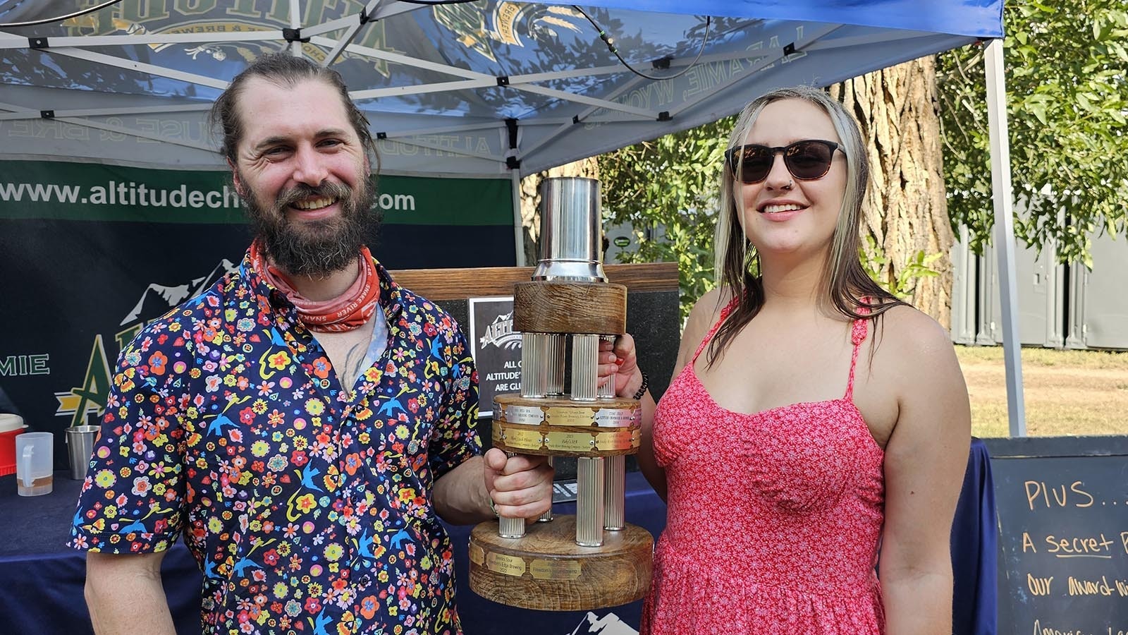 Sean Miniciello and Jobianne Inman pose with their Steinley Cup. Miniciello said he also won the competition four or five years ago when pilsner style beers were once again the competition beer at the event.