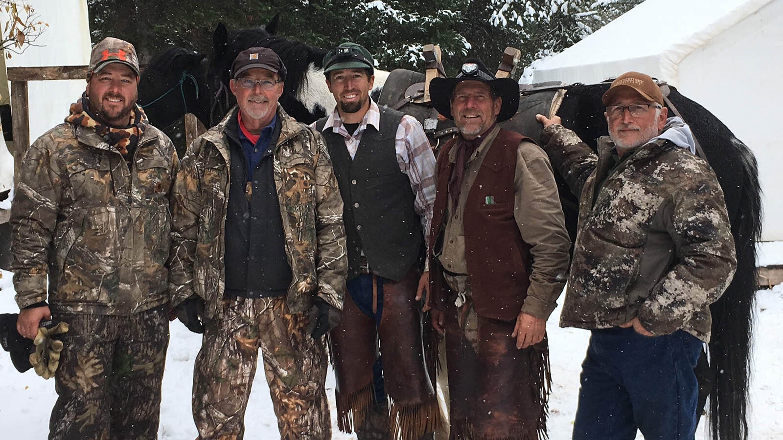 Stewart Petersen’s Crooked Sky Outfitters takes clients into the Wyoming mountains from July through October. Petersen is fourth from left.