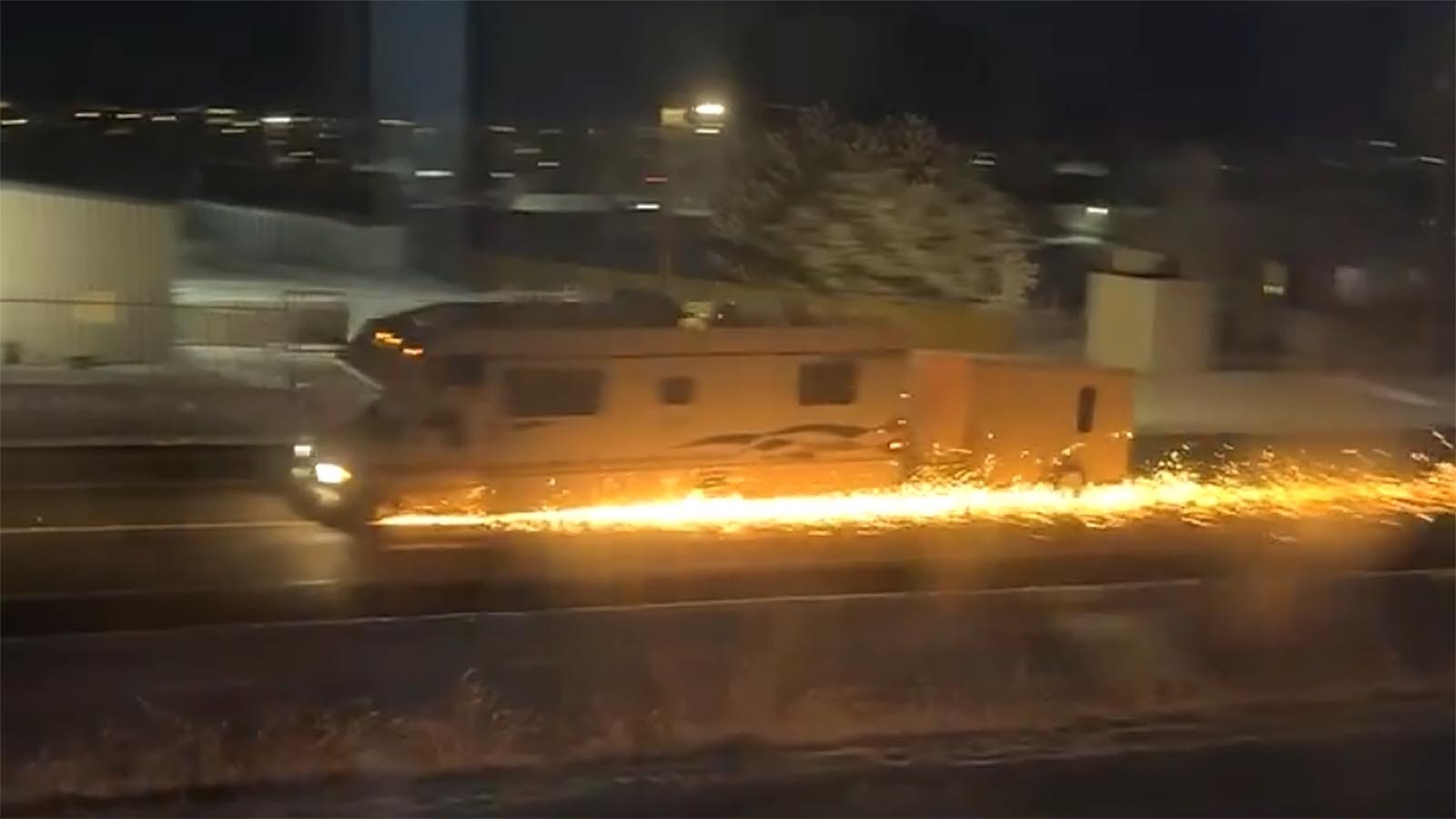 A 44-year-old Cheyenne man was arrested Sunday, accused of running from the law in a stolen Winnebago with its tires shredded by spike strips. Video shows the RV throwing sparks 50 feet behind it while driving at high speeds through the city.