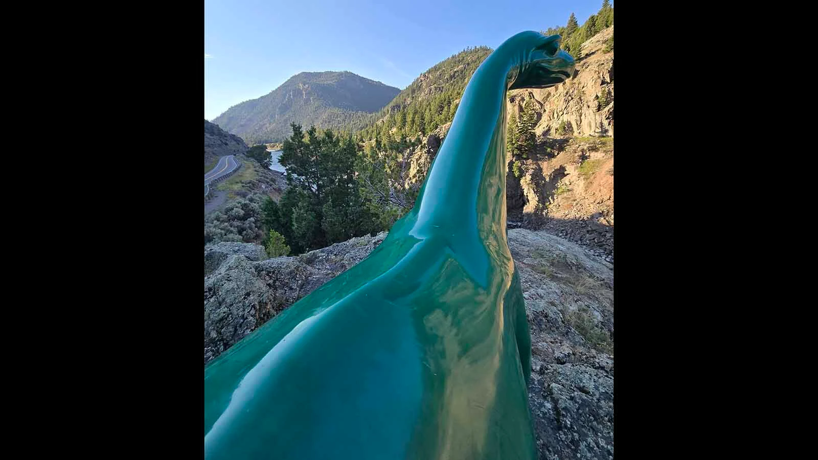 A 12-foot-long dinosaur nicknaed Dino that usually stands outside a Sinclair gas station near Gardiner, Montana, was stolen Sunday night. It reappeared bolted to a 100-foot cliff face overlooking the Yellowstone River.