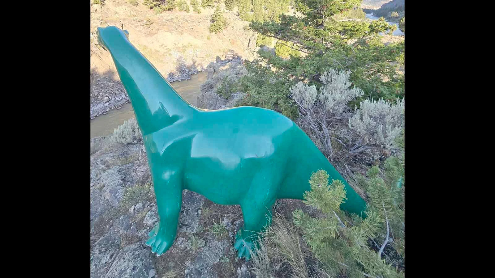 A 12-foot-long dinosaur nicknaed Dino that usually stands outside a Sinclair gas station near Gardiner, Montana, was stolen Sunday night. It reappeared bolted to a 100-foot cliff face overlooking the Yellowstone River.