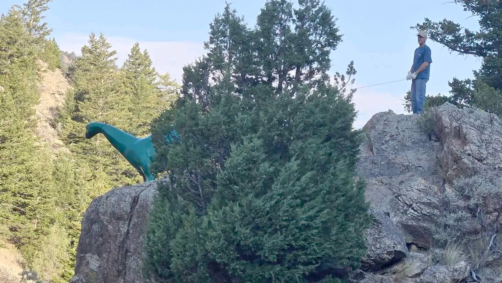 A 12-foot-long dinosaur nicknaed Dino that usually stands outside a Sinclair gas station near Gardiner, Montana, was stolen Sunday night. It reappeared bolted to a 100-foot cliff face overlooking the Yellowstone River.