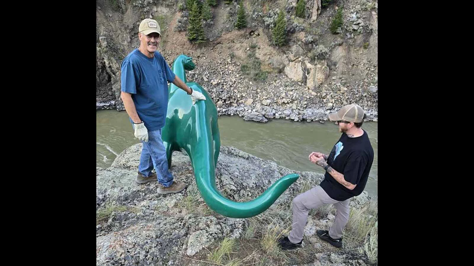 A 12-foot-long dinosaur nicknaed Dino that usually stands outside a Sinclair gas station near Gardiner, Montana, was stolen Sunday night. It reappeared bolted to a 100-foot cliff face overlooking the Yellowstone River.