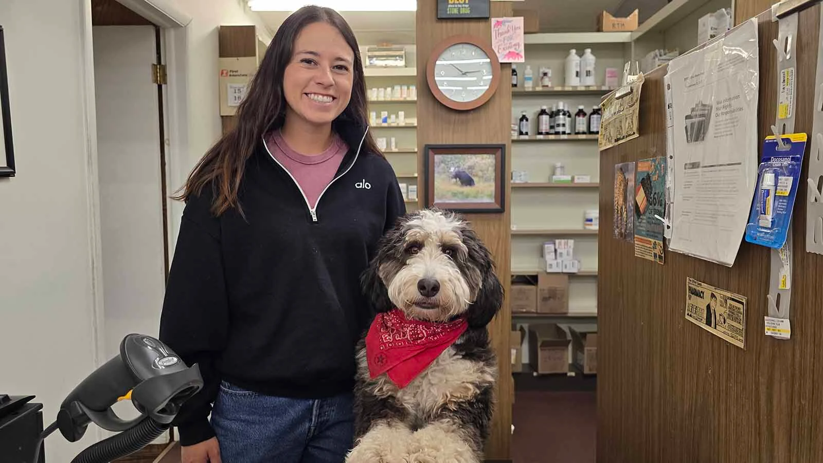 Zuri poses with her owner and boss, Tori Pretsch in Jackson's Stone Drug pharmacy.