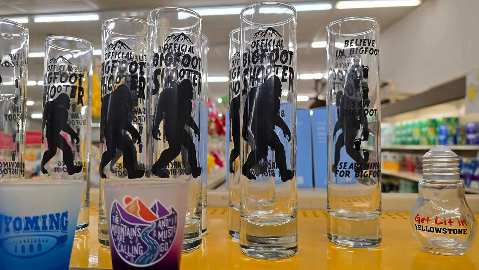 Souvenirs at Stone Drug include these Bigfoot shot glasses.